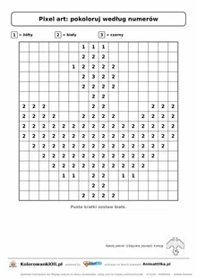 Pixel art według numerów orzeł biały — siatka 16×16 z cyframi 1–3 i legendą kolorów, kolorowanka pikselowa do druku