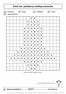 Pixel art według numerów rakieta — siatka 16×16 z cyframi 1–5 i legendą kolorów, kolorowanka pikselowa do druku