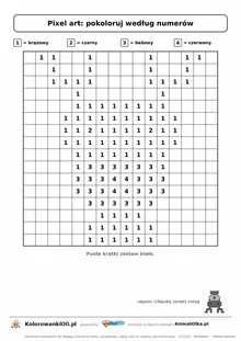 Pixel art według numerów renifer — siatka 16×16 z cyframi 1–4 i legendą kolorów, kolorowanka pikselowa do druku