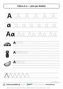 Litera A a po śladzie — karta do druku: kropkowane litery w liniaturze, wyrazy AUTO, ANANAS, ARBUZ z obrazkami
