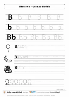Litera B b po śladzie — karta do druku: kropkowane litery w liniaturze, wyrazy BALON, BANAN, BUTY z obrazkami