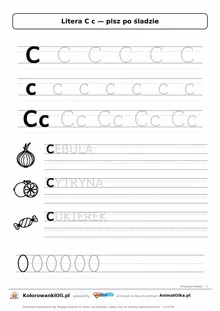 Litera C c po śladzie — karta do druku: kropkowane litery w liniaturze, wyrazy CEBULA, CYTRYNA, CUKIEREK z obrazkami
