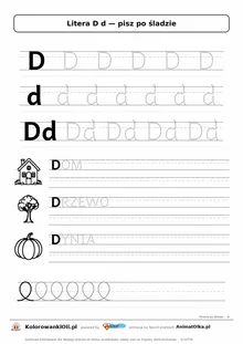 Litera D d po śladzie — karta do druku: kropkowane litery w liniaturze, wyrazy DOM, DRZEWO, DYNIA z obrazkami