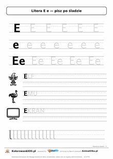 Litera E e po śladzie — karta do druku: kropkowane litery w liniaturze, wyrazy ELF, EMU, EKRAN z obrazkami