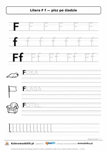 Litera F f po śladzie — karta do druku: kropkowane litery w liniaturze, wyrazy FOKA, FLAGA, FOTEL z obrazkami