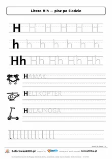 Litera H h po śladzie — karta do druku: kropkowane litery w liniaturze, wyrazy HAMAK, HELIKOPTER, HULAJNOGA z obrazkami