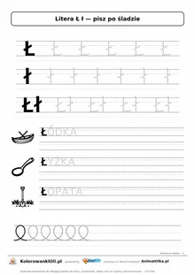 Litera Ł ł po śladzie — karta do druku: kropkowane litery w liniaturze, wyrazy ŁÓDKA, ŁYŻKA, ŁOPATA z obrazkami