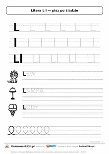 Litera L l po śladzie — karta do druku: kropkowane litery w liniaturze, wyrazy LEW, LAMPA, LODY z obrazkami