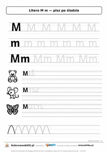 Litera M m po śladzie — karta do druku: kropkowane litery w liniaturze, wyrazy MIŚ, MYSZ, MOTYL z obrazkami