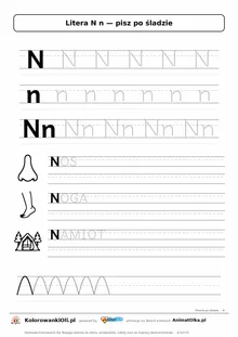 Litera N n po śladzie — karta do druku: kropkowane litery w liniaturze, wyrazy NOS, NOGA, NAMIOT z obrazkami