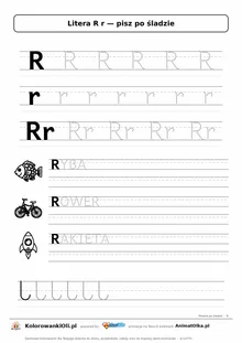 Litera R r po śladzie — karta do druku: kropkowane litery w liniaturze, wyrazy RYBA, ROWER, RAKIETA z obrazkami