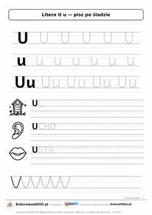 Litera U u po śladzie — karta do druku: kropkowane litery w liniaturze, wyrazy UL, UCHO, USTA z obrazkami