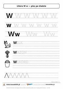 Litera W w po śladzie — karta do druku: kropkowane litery w liniaturze, wyrazy WILK, WAZON, WIADRO z obrazkami