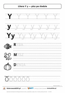 Litera Y y po śladzie — karta do druku: kropkowane litery w liniaturze, wyrazy RYBA, MYSZ, DYNIA z obrazkami
