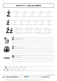 Litera Ź ź po śladzie — karta do druku: kropkowane litery w liniaturze, wyrazy ŹREBAK, ŹRÓDŁO, GAŁĄŹ z obrazkami