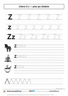 Litera Z z po śladzie — karta do druku: kropkowane litery w liniaturze, wyrazy ZEBRA, ZAMEK, ZUPA z obrazkami