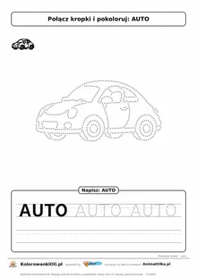 Rysowanie po śladzie auto — duży obrazek z kropek do połączenia i wyraz AUTO do obrysowania, karta do druku dla 3–5 lat