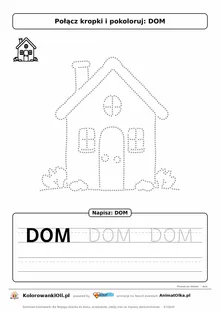 Rysowanie po śladzie dom — duży obrazek z kropek do połączenia i wyraz DOM do obrysowania, karta do druku dla 3–5 lat