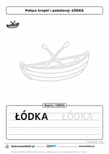 Rysowanie po śladzie łódka — duży obrazek z kropek do połączenia i wyraz ŁÓDKA do obrysowania, karta do druku dla 3–5 lat