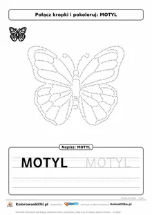 Rysowanie po śladzie motyl — duży obrazek z kropek do połączenia i wyraz MOTYL do obrysowania, karta do druku dla 3–5 lat
