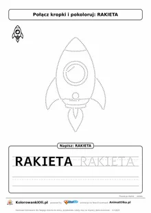 Rysowanie po śladzie rakieta — duży obrazek z kropek do połączenia i wyraz RAKIETA do obrysowania, karta do druku dla 3–5 lat