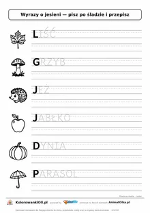 Wyrazy po śladzie wielkimi literami o jesieni: LIŚĆ, GRZYB, JEŻ — karta do druku z obrazkami