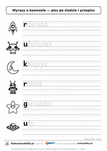 Wyrazy po śladzie małymi literami o kosmosie: rakieta, ufoludek, księżyc — karta do druku z obrazkami