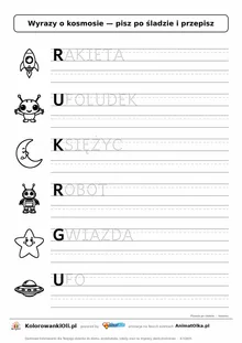 Wyrazy po śladzie wielkimi literami o kosmosie: RAKIETA, UFOLUDEK, KSIĘŻYC — karta do druku z obrazkami