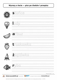 Wyrazy po śladzie małymi literami o lecie: słońce, lody, arbuz — karta do druku z obrazkami