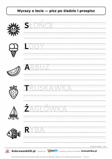 Wyrazy po śladzie wielkimi literami o lecie: SŁOŃCE, LODY, ARBUZ — karta do druku z obrazkami