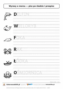 Wyrazy po śladzie wielkimi literami o morzu: DELFIN, WIELORYB, FOKA — karta do druku z obrazkami