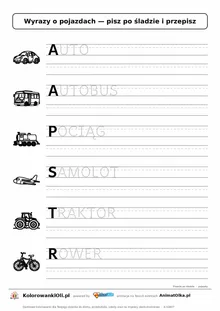 Wyrazy po śladzie wielkimi literami o pojazdach: AUTO, AUTOBUS, POCIĄG — karta do druku z obrazkami