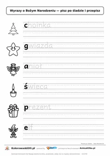 Wyrazy po śladzie małymi literami o świętach: choinka, gwiazda, anioł — karta do druku z obrazkami