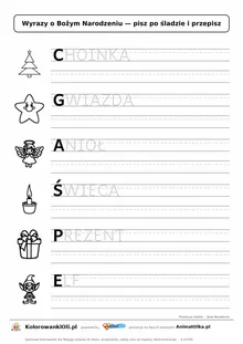 Wyrazy po śladzie wielkimi literami o świętach: CHOINKA, GWIAZDA, ANIOŁ — karta do druku z obrazkami
