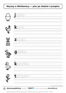 Wyrazy po śladzie małymi literami o Wielkanocy: jajko, kura, zając — karta do druku z obrazkami