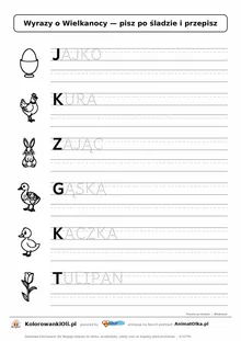 Wyrazy po śladzie wielkimi literami o Wielkanocy: JAJKO, KURA, ZAJĄC — karta do druku z obrazkami