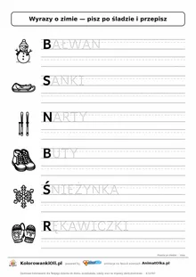 Wyrazy po śladzie wielkimi literami o zimie: BAŁWAN, SANKI, NARTY — karta do druku z obrazkami