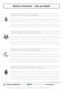 Zdania po śladzie o kosmosie — karta do druku dla klasy 1: „Rakieta leci wysoko.” i 3 inne zdania w liniaturze
