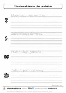 Zdania po śladzie o wiośnie — karta do druku dla klasy 1: „Motyl siada na kwiatku.” i 3 inne zdania w liniaturze