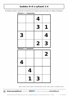 Sudoku 4×4 z cyframi 1–4 do wpisania ołówkiem — dwie plansze o rosnącej trudności na jednej kartce A4, z kluczem
