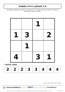 Sudoku 4×4 z cyframi od 1 do 4 dla przedszkolaków — kafelki z cyframi do wycięcia i wklejenia, karta A4 z kluczem