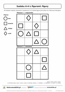 Sudoku 4×4 z figurami (figury) do narysowania — dwie plansze na kartce A4 z kluczem, 5–7 lat
