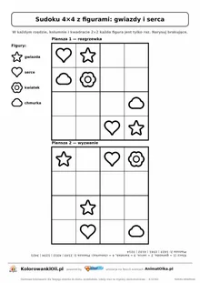 Sudoku 4×4 z figurami (gwiazdy i serca) do narysowania — dwie plansze na kartce A4 z kluczem, 5–7 lat