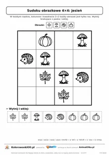 Sudoku obrazkowe 4×4 z motywem jesień — karta pracy do druku z kafelkami do wycięcia i kluczem, 4–6 lat