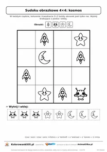 Sudoku obrazkowe 4×4 z motywem kosmos — karta pracy do druku z kafelkami do wycięcia i kluczem, 4–6 lat