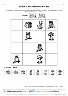 Sudoku obrazkowe 4×4 z motywem las — karta pracy do druku z kafelkami do wycięcia i kluczem, 4–6 lat