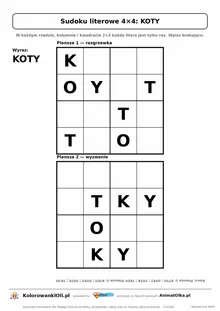 Sudoku literowe 4×4 z wyrazem KOTY — dwie plansze do wpisania liter, karta pracy A4 z kluczem, 5–7 lat
