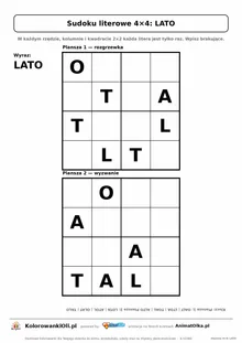 Sudoku literowe 4×4 z wyrazem LATO — dwie plansze do wpisania liter, karta pracy A4 z kluczem, 5–7 lat
