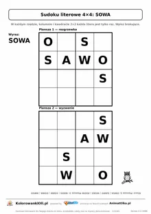 Sudoku literowe 4×4 z wyrazem SOWA — dwie plansze do wpisania liter, karta pracy A4 z kluczem, 5–7 lat