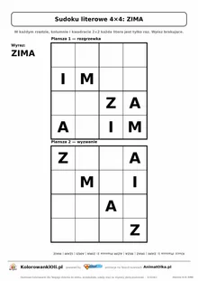 Sudoku literowe 4×4 z wyrazem ZIMA — dwie plansze do wpisania liter, karta pracy A4 z kluczem, 5–7 lat
